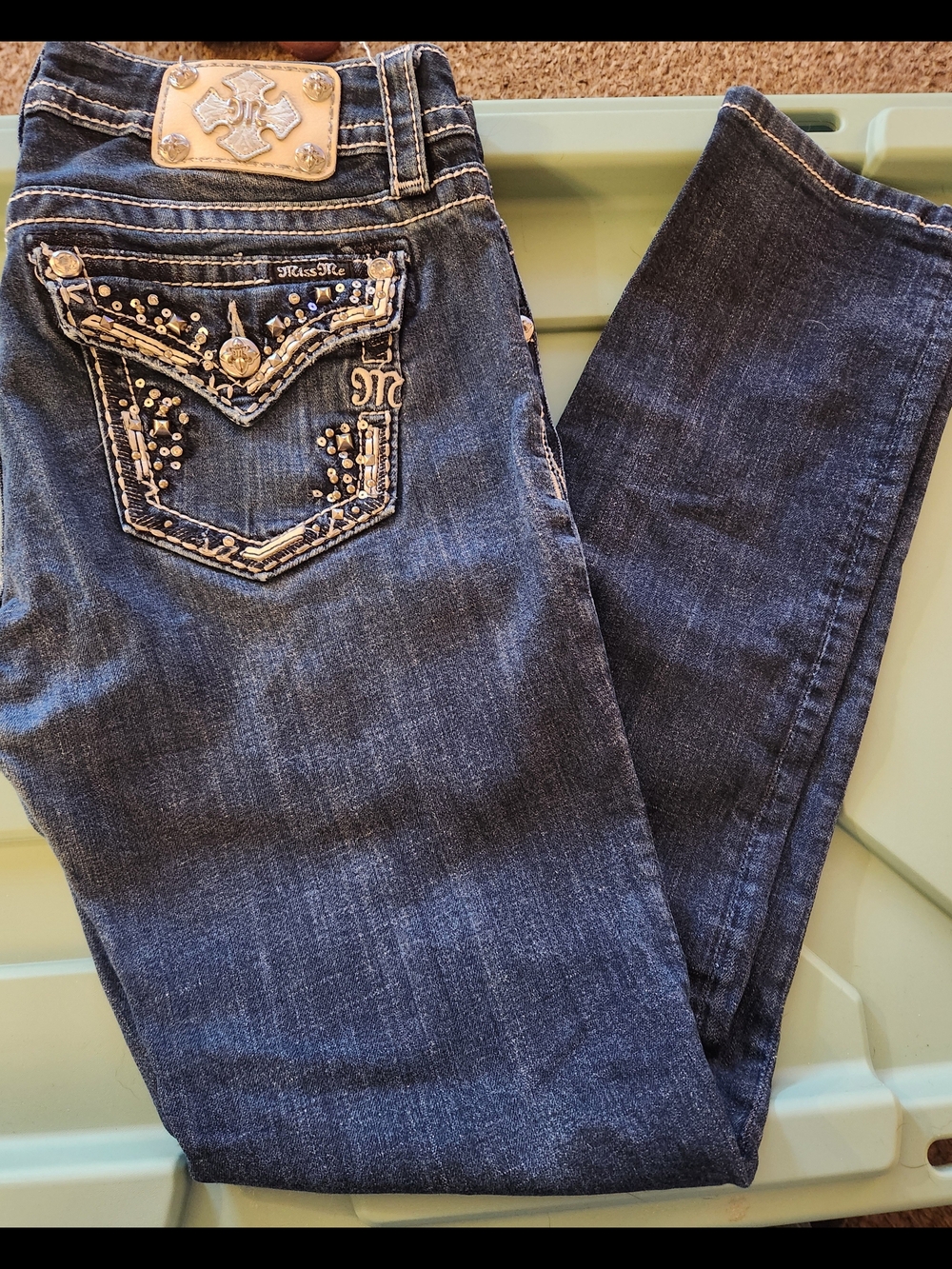 Miss Me Signature Women’s Dark Blue Rhinestone Pocket Skinny Jeans